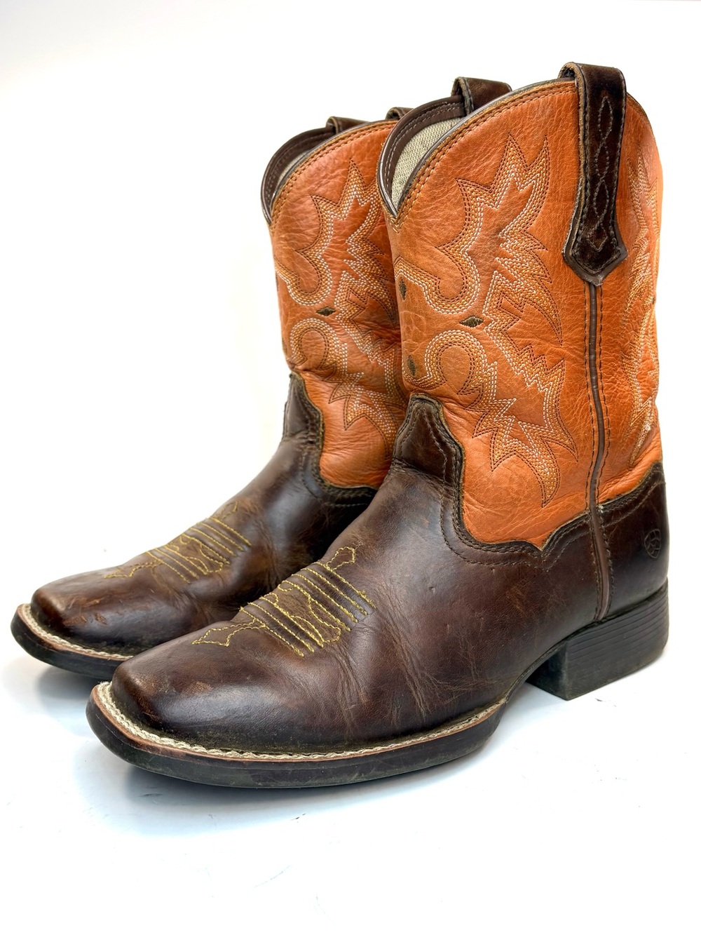 ARIAT Kids Tombstone Brown + Orange Leather Western Square Toed Boots | 2